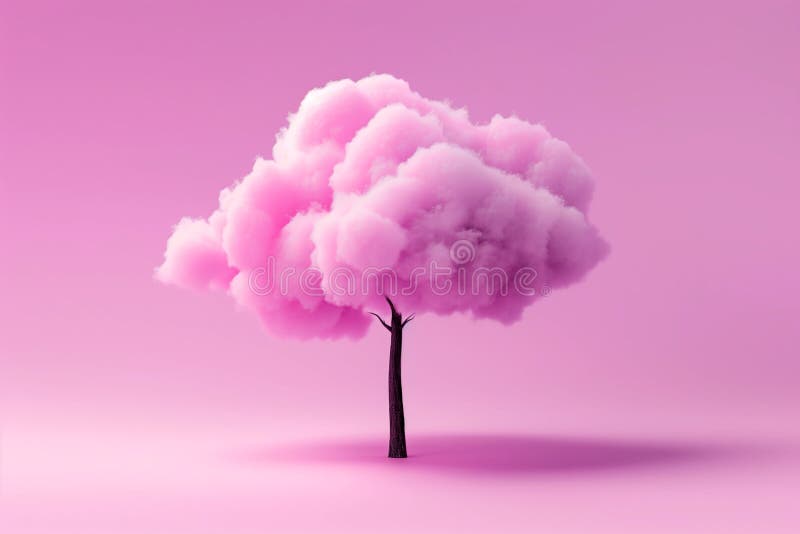 Single tree with a fluffy pink cloud-shaped canopy stands on a pink background vector illustration