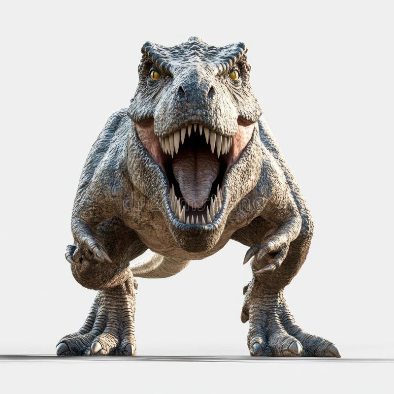 AI image Tyrannosaurus Rex roaring powerfully forward on white backdrop showing teeth sharp claws royalty free illustration