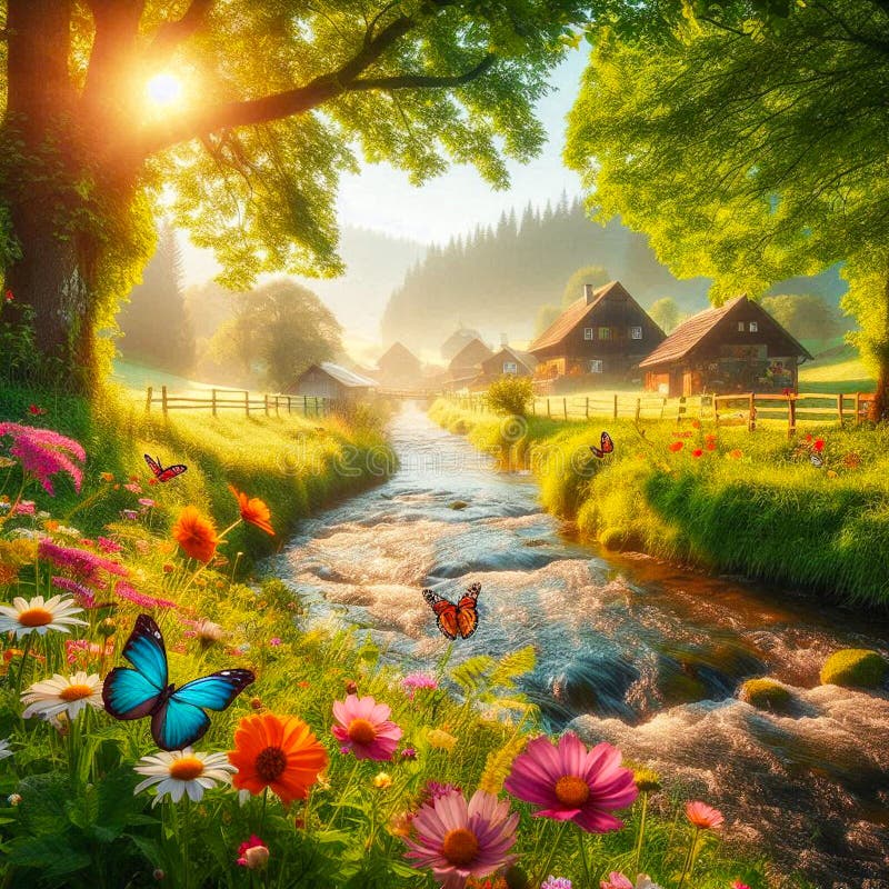 Ai immagine generativa del fiume nel villaggio e nei prati e dei colorati fiori all'aperto illustrazione vettoriale