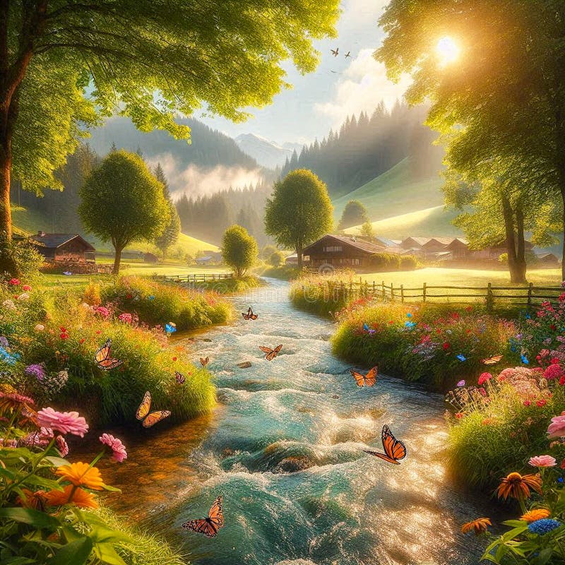 Ai immagine generativa del fiume del villaggio e dei colorati fiori all'aperto con le farfalle sopra royalty illustrazione gratis