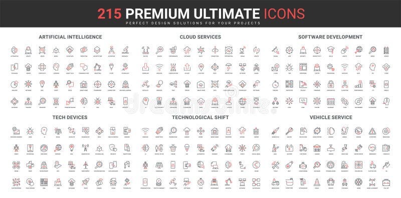 AI innovation technology, process automation, software development line icon set vector illustration