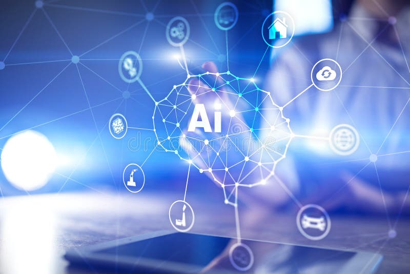 AI - Konstgjord intelligens, smart teknologi och innovation i branschaff?r och livbegrepp p? den faktiska sk?rmen royaltyfria bilder AI - Konstgjord intelligens, smart teknologi och innovation i branschaff?r och livbegrepp p? den faktiska sk?rmen royaltyfria bilder