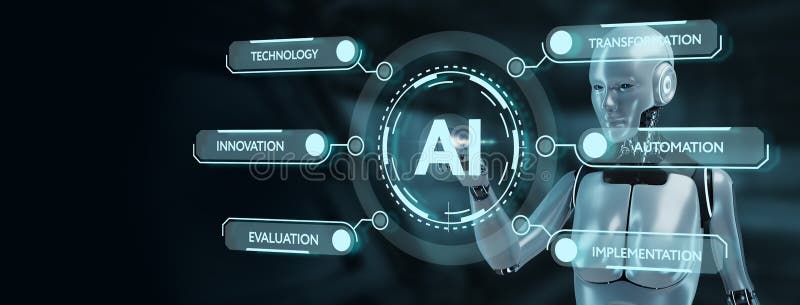 AI Learning and Artificial Intelligence Concept. Business, modern technology, internet and networking concept. Robot pressing royalty free illustration