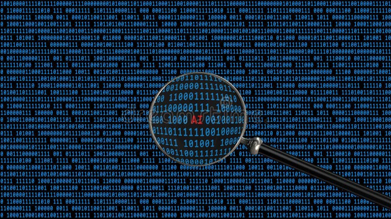 AI letter - Artificial Intelligence lettering shown in magnifying glass in front of binary code background stock illustration