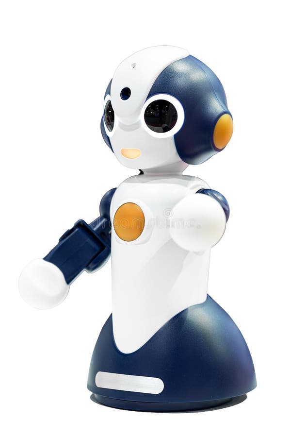 AI liten röd robot med mänskligt ansikte och kropp isolerad på vit bakgrund. Humanoid. Konstgjord intelligens arkivfoton