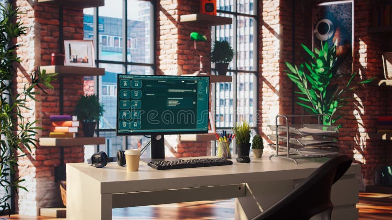 Ai llm Chatbot Software-Schnittstelle auf PC im Home Office zeigt virtuellen Assistenten lizenzfreie stockfotos