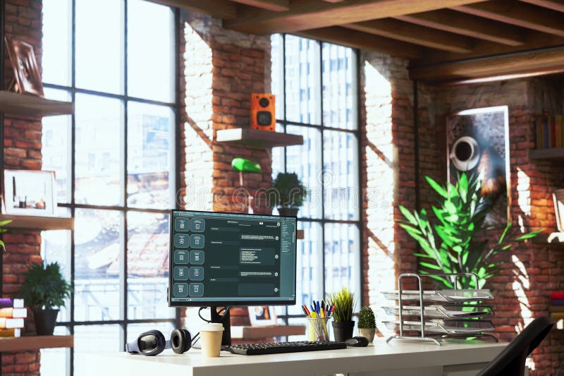 AI LLM Chatbot-Software-Schnittstelle auf PCs im Home Office mit virtuellem Assistenten stockfotografie