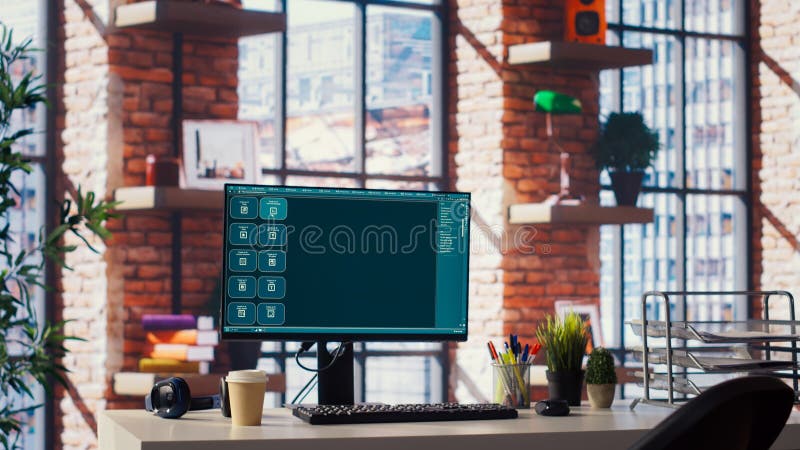 AI LLM Chatbot-Software-Schnittstelle auf PCs im Home Office mit virtuellem Assistenten lizenzfreies stockbild
