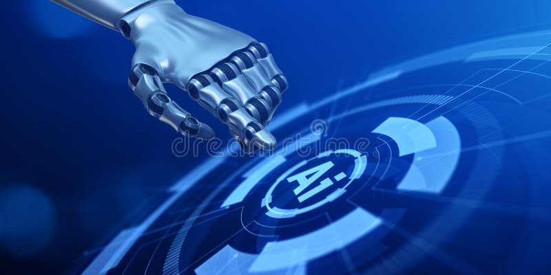 AI machine deep learning neural network cyber brain modern technology concept. Robotic hand pressing button 3d render. stock illustration