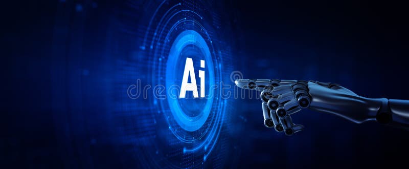 AI machine deep learning neural network cyber brain modern technology concept. Robotic hand pressing button 3d render. AI Artificial intelligence machine deep learning neural network cyber brain modern technology concept.