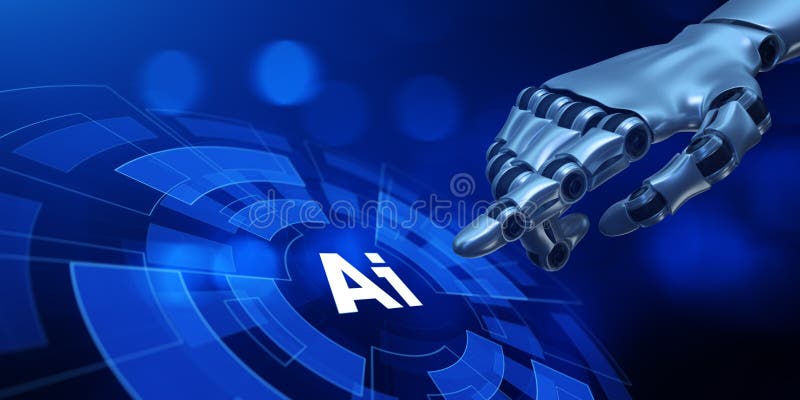 AI machine deep learning neural network cyber brain modern technology concept. Robotic hand pressing button 3d render stock illustration
