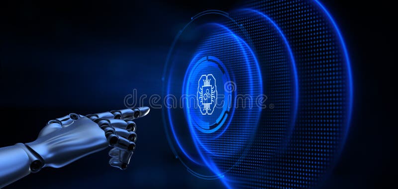 AI machine deep learning neural network cyber brain modern technology concept. Robotic hand pressing button 3d render. stock illustration