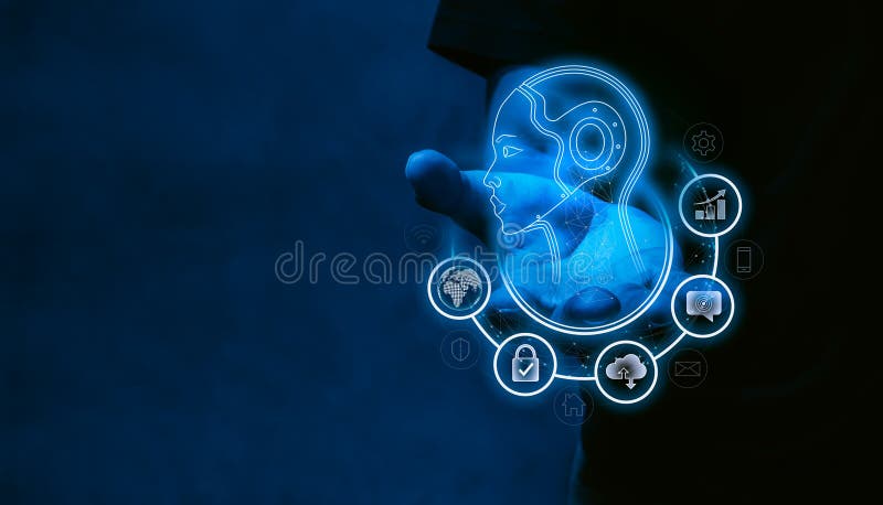 AI machine learning and business management concept. Futuristic hologram of artificial intelligence digital humanoid head and. stock images