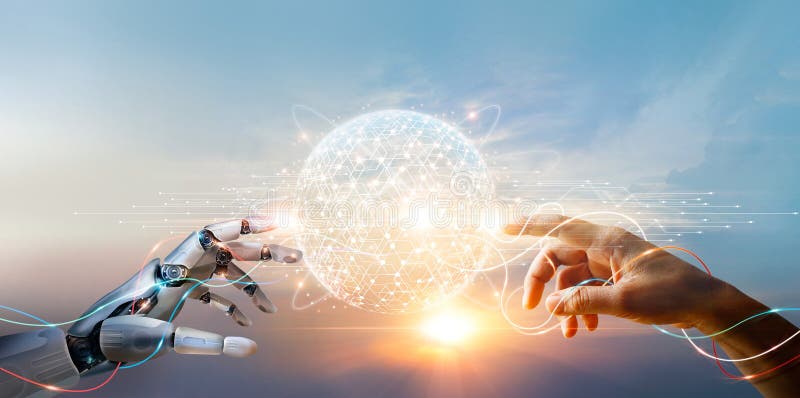 AI, Machine learning, Hands of robot and human touching big data of Global network connection, Internet and digital technology stock illustration