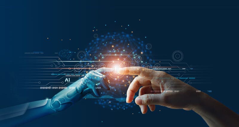 AI, Machine Learning, Manos de robots y contacto humano sobre el fondo de la conexión a la red de grandes datos, Ciencia y artifi