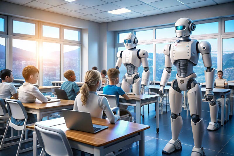 AI Machine Learning Robot in classe con tecnologia informatica illustrazione vettoriale