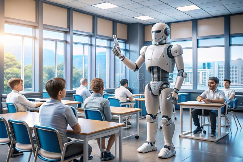 AI Machine Learning Robot in classe con tecnologia informatica illustrazione di stock