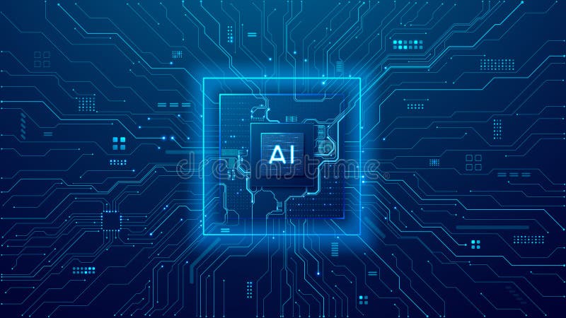 AI microchip on digital circuit board. Modern technology background royalty free illustration