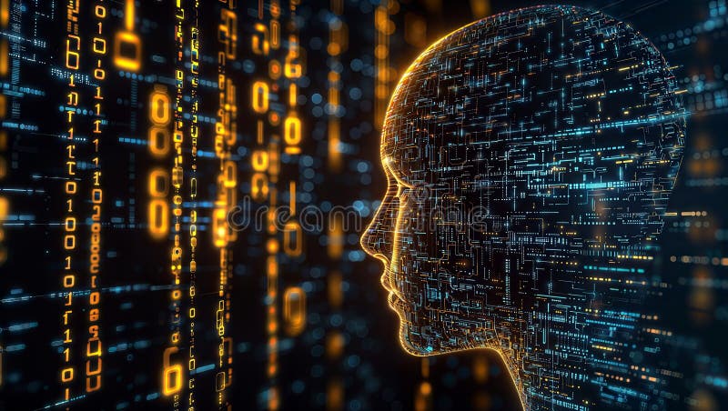 AI Concept: Circuit-Like Human Head in a Technological World, generative ai stock illustration