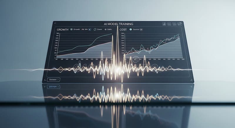 Ai model training dashboard displaying growth and cost charts with waveform visualization stock illustration