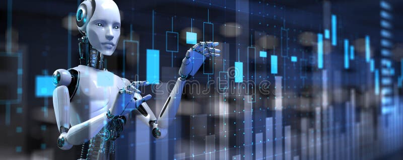 AI och Robotic Analysis of Financial Market Trends and Stock Predictions 3d renderas stock illustrationer