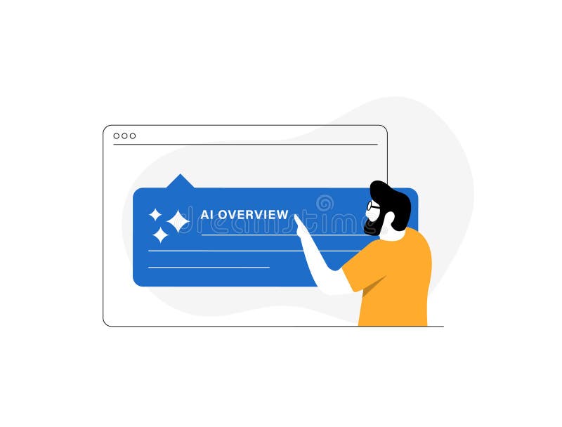 AI overview provides instant generative summary at search top with key insights information links exploration artificial stock illustration