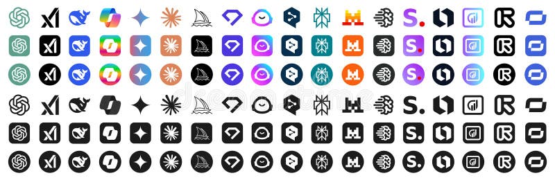 AI platform and services icon set. Generative tools for text, image, video, audio creation. ChatGPT, Grok, DeepSeek, Copilot vector illustration