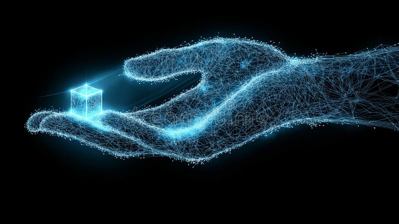 AI powered cyber hand with futuristic data visualization showcasing deep learning and automation vector illustration