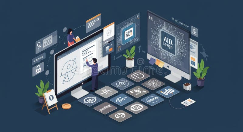 Ai-powered design workflow with digital tools and creative collaboration stock photography