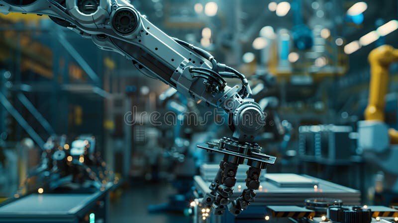 AI-powered robotic arm assembling a complex piece. vector illustration