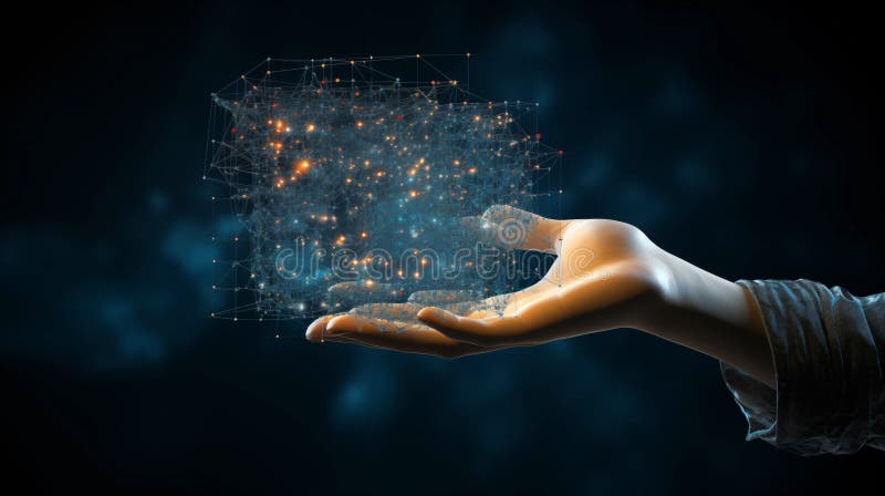 AI-powered robotic hand with glowing network visualization showcasing deep learning and automation stock illustration
