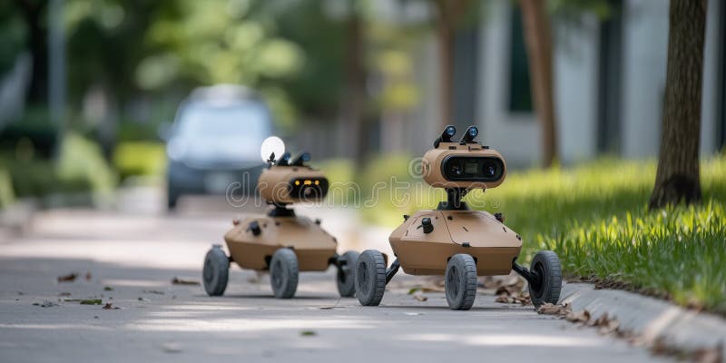 AI powered robots assisting in outdoor tasks, navigating paved path with precision stock illustration