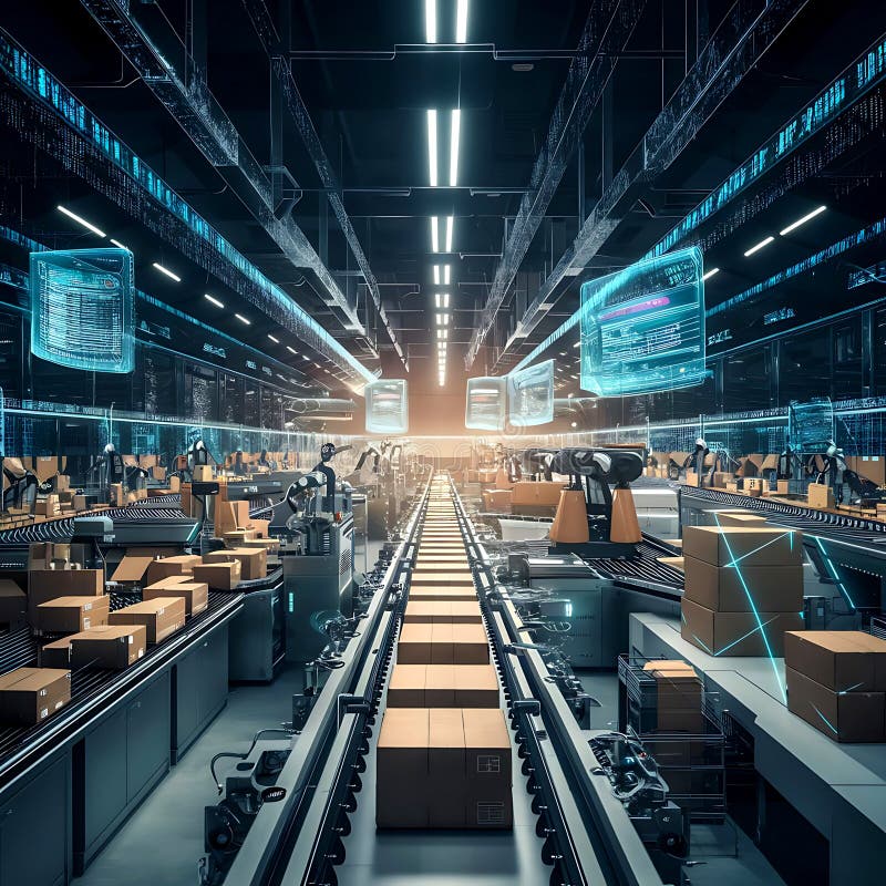 AI-Powered Warehouse: Revolutionizing Package Sorting with Digital Interfaces. vector illustration