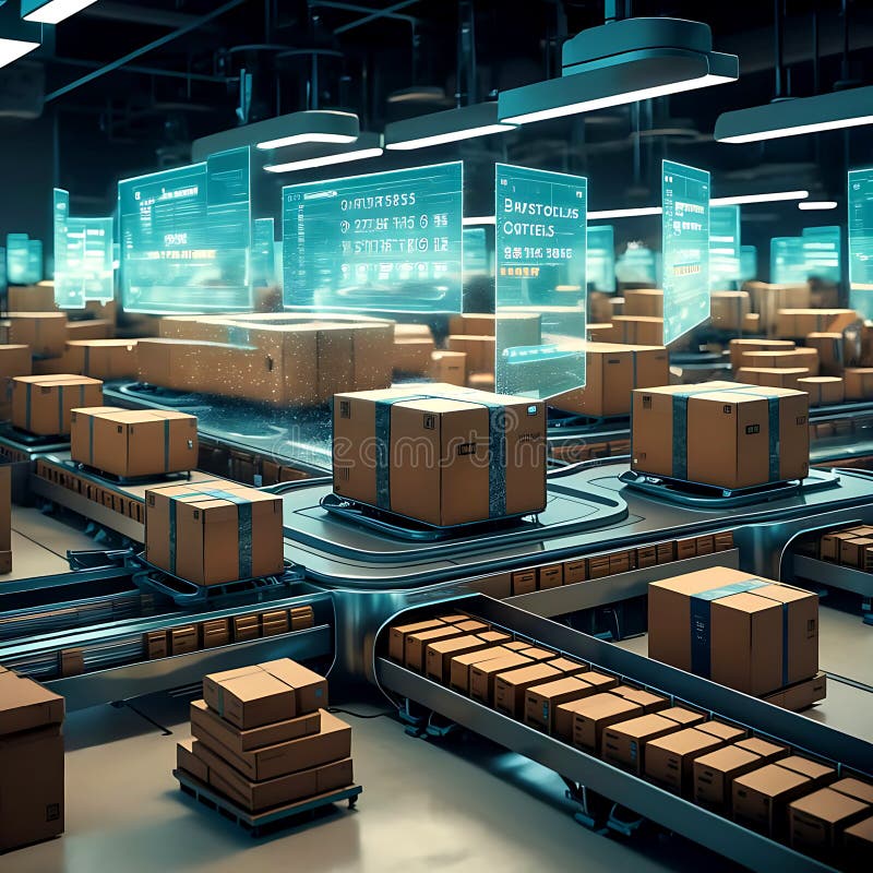 AI-Powered Warehouse: Revolutionizing Package Sorting with Digital Interfaces. royalty free illustration