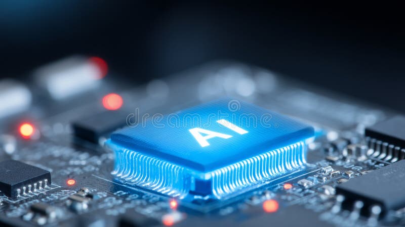 AI processor chip on a circuit board representing machine learning hardware and advanced computing power. stock illustration