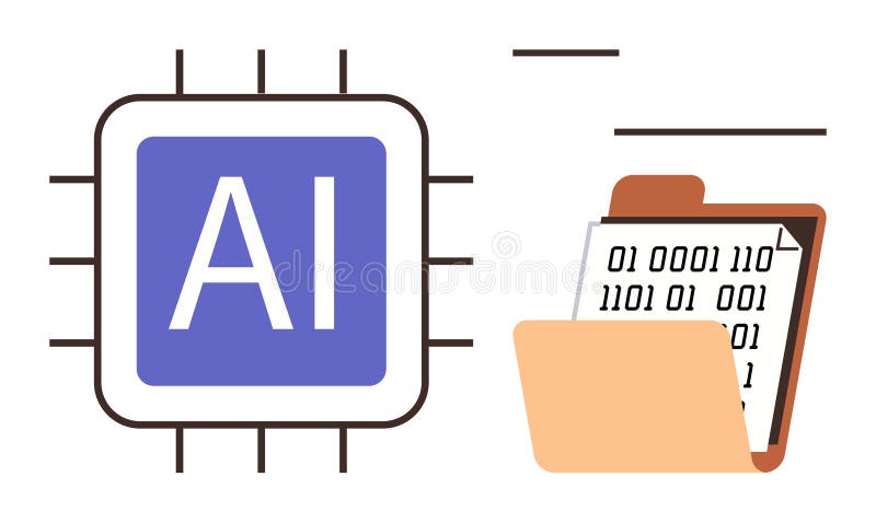 Artificial Intelligence Chip with Binary Data in Digital File Folder vector illustration