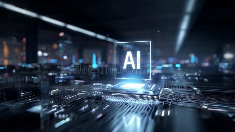 AI processor chip on motherboard representing artificial intelligence computing power machine learning stock illustration