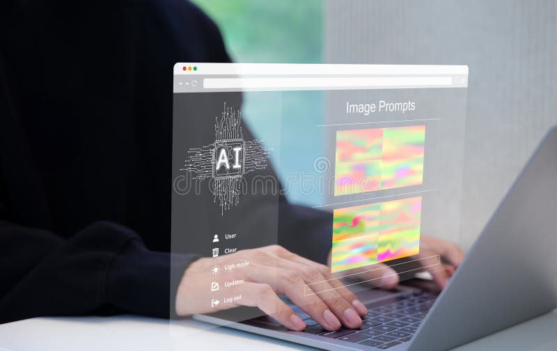 AI prompt image generator technology. Use AI software on laptop to generate images, futuristic user interface. screen with visual royalty free stock image