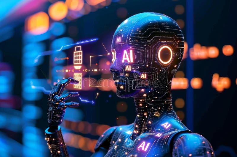 Ai robot analizujący dane cyfrowe zaawansowana technologia sztucznej inteligencji futurystyczny interfejs cyfrowy ilustracja wektor