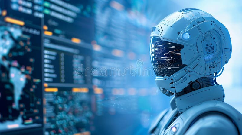 Ai robot analizujący dane na ekranach cyfrowych ilustracji