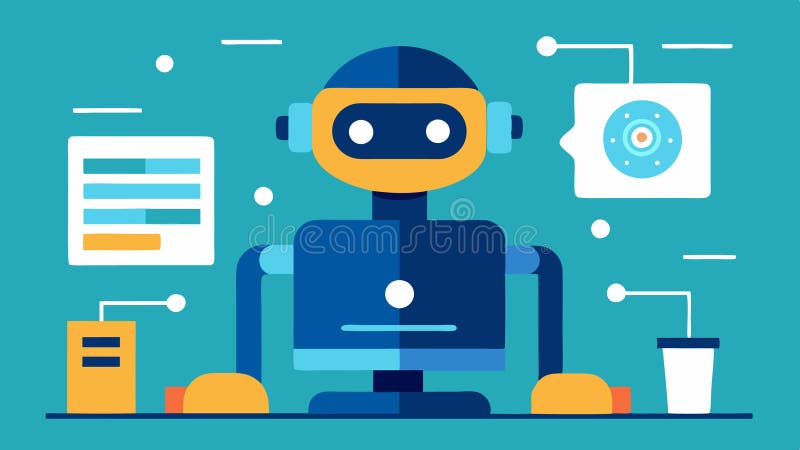 AI Robot Analysing Data Przyjazny robot siedzący przy komputerze analizującym strumienie danych i wzorce przedstawiające AI ilustracja wektor