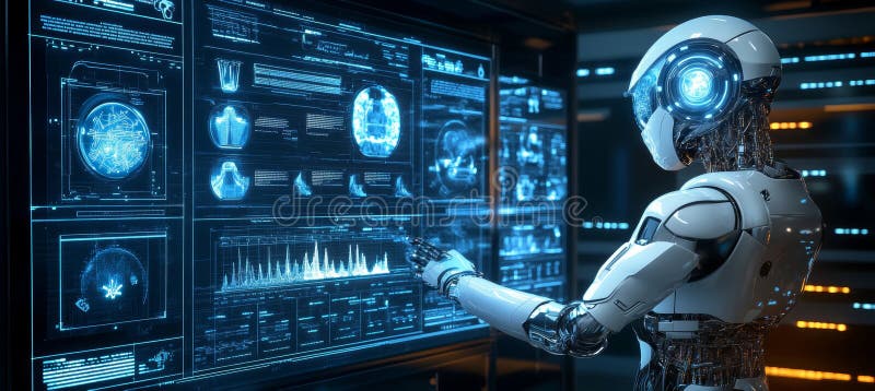 AI Robot Analytics Medical Data on Futuristic Interface For Healtcare Technology Innovation ilustracji