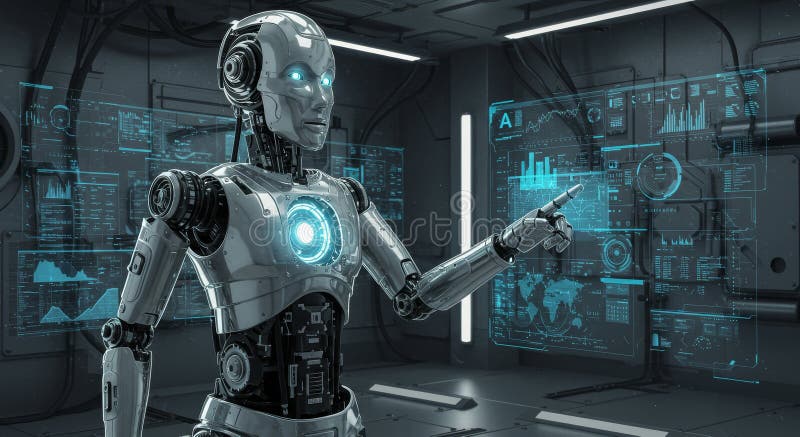 AI Robot Analyzing Data Streams in Futuritic Lab Advanced AI robot procesa datos que simbolizan el futuro de la tecnología de la i. Robot de IA avanzado procesa datos que simbolizan la tecnología de la innovación, la inteligencia y el progreso futuros. Elegante espacio vacío diseñado para anuncios de marca y presentaciones de productos. Adecuado para campañas de marketing y exhibiciones creativas. IA generativa
