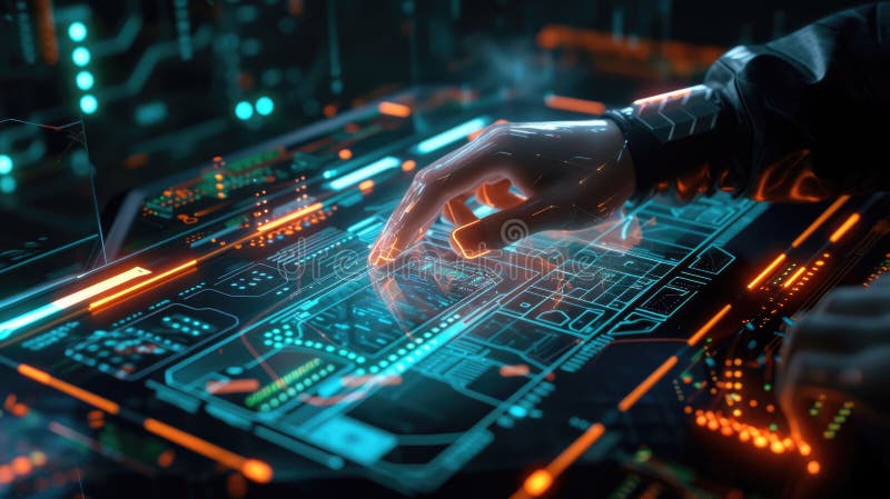 Ai-robot använder digital pekskärm på kontrollpanelen i rymdskepp eller kommandocentral och futuristisk instrumentpanel. nav vektor illustrationer