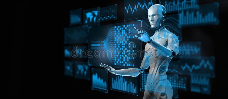 Ai robot con tablero de análisis de grandes datos para rendimiento 3d de concepto de negocios y tecnología libre illustration