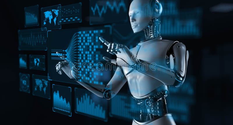 Ai robot con tablero de análisis de grandes datos para rendimiento 3d de concepto de negocios y tecnología ilustración del vector