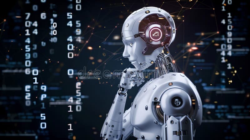 Futuristic AI Robot Contemplates Digital Data, Cyberspace Concept with Machine Learning. Modern Visuals, Technological royalty free stock photos