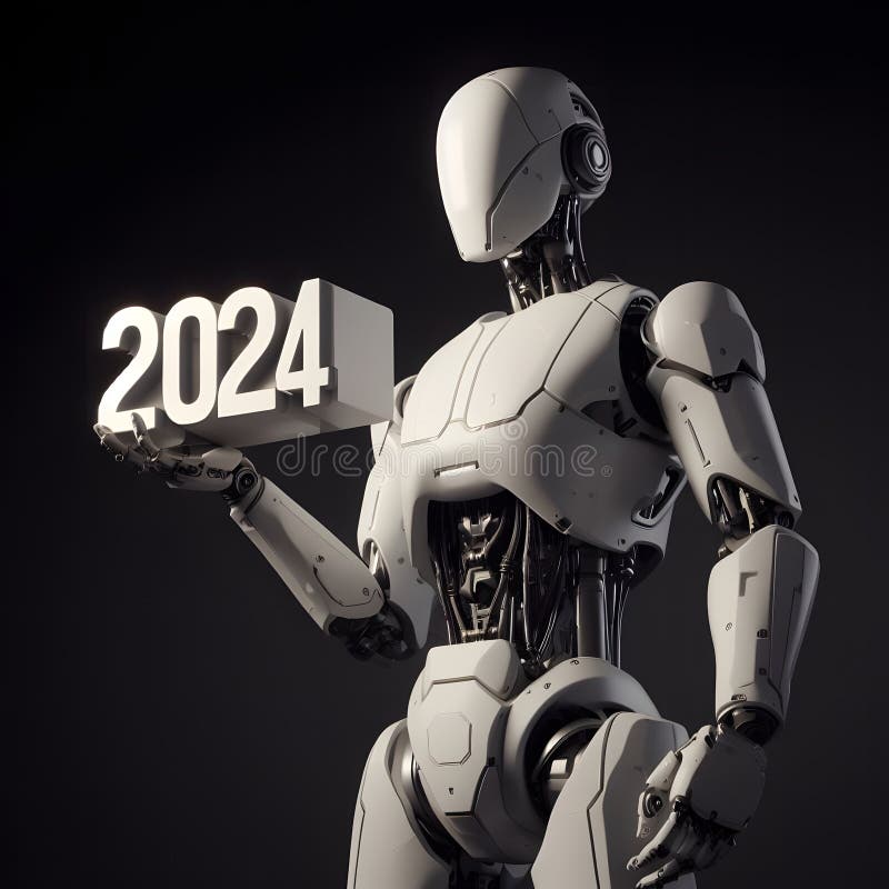 An AI Robot Holding the Numbers 2024, Digital Modern Artificial