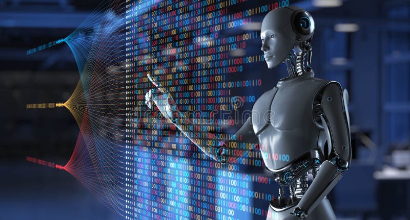 Ai robot que interactúa con código binario análisis de datos y grandes datos para el concepto de negocios y tecnología 3d stock de ilustración