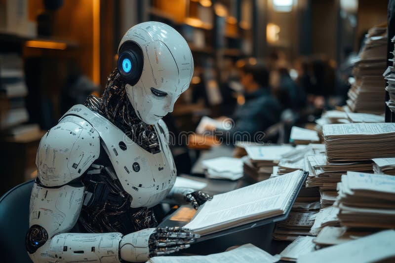 AI robot reads court files in the Supreme Court amidst stacks of papers stock photos